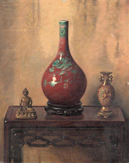Hubert Vos Red Chinese Vase Norge oil painting art